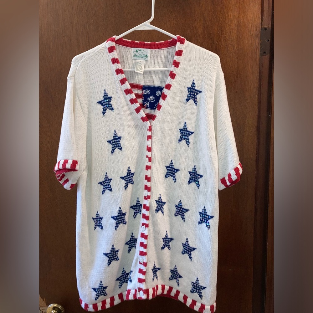Vtg Quacker Factory Button Knit Sweater Cardigan XL American Patriotic Sequin
